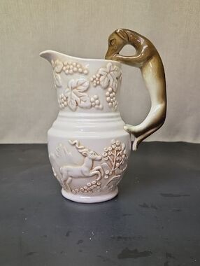 Jug Pitcher with DOG HANDLE Embossed Deer & Grape Leaves 8” Art Pottery